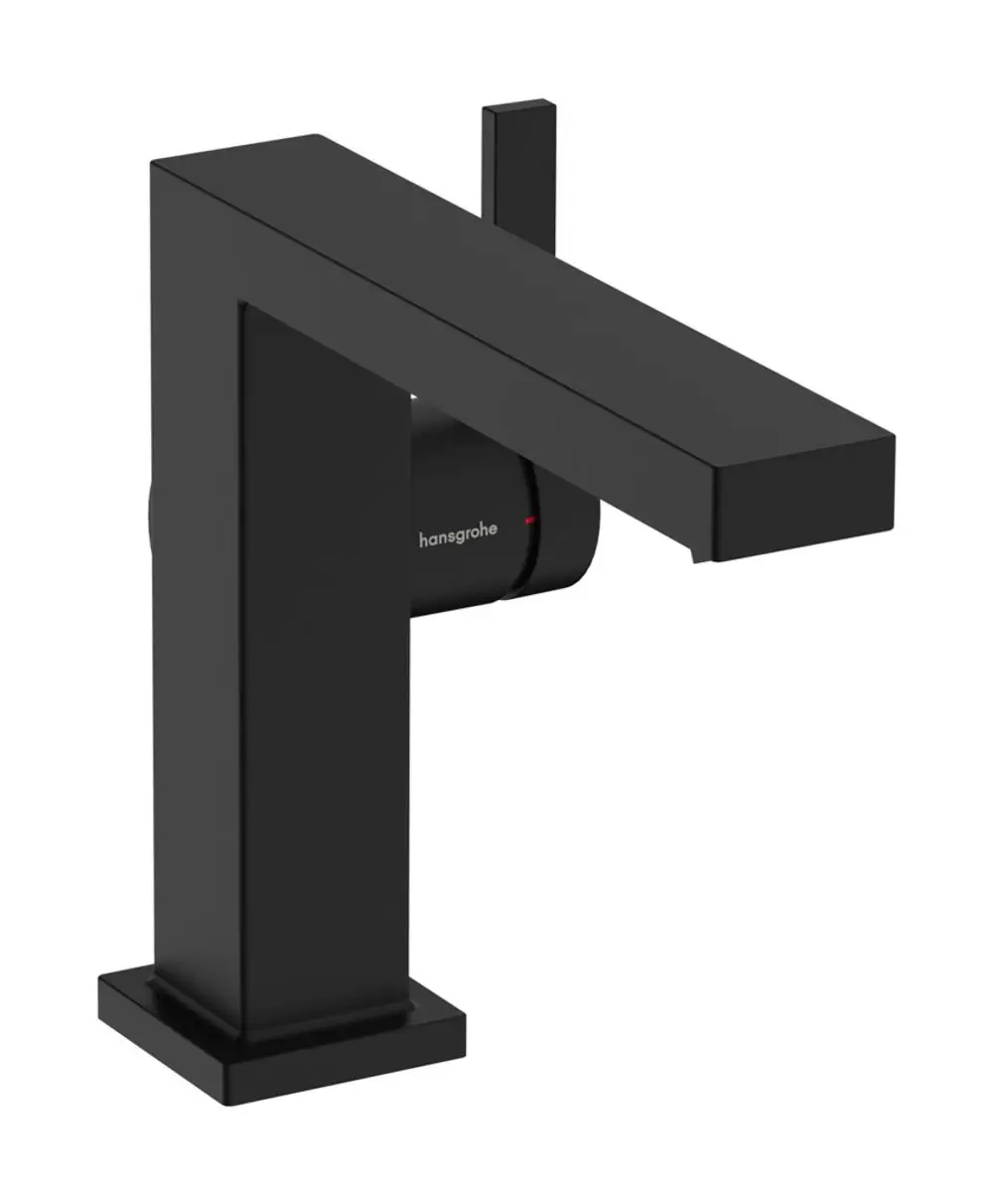 Schwarzer Einhebel-Waschtischmischer von Hansgrohe mit quadratischem Design und integrierter Push-Open Ablaufgarnitur. Ideal für moderne Badezimmer.